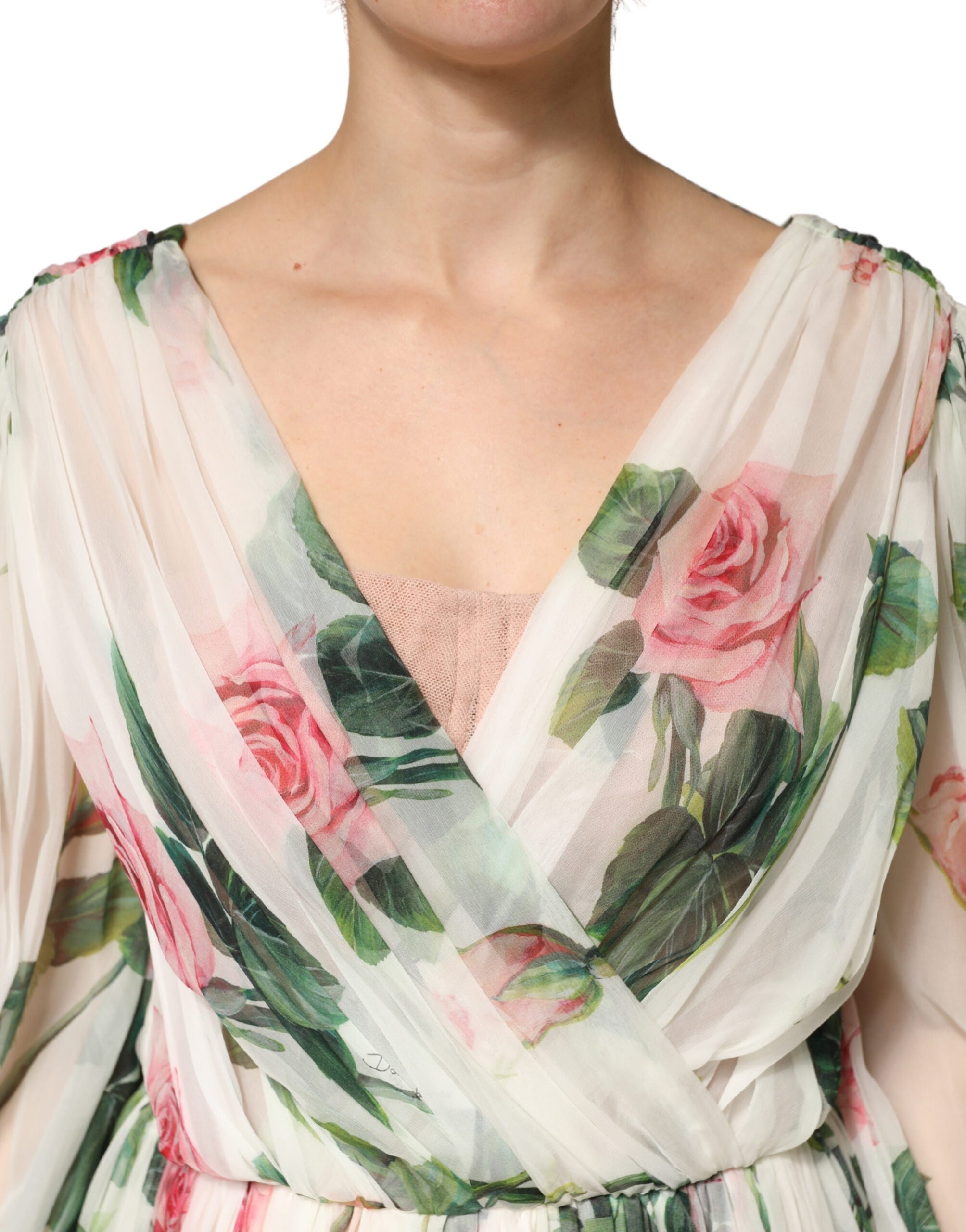 Dolce & Gabbana Grünes Seiden-Wickelkleid mit Blumenmuster, Midi-Länge und langen Ärmeln