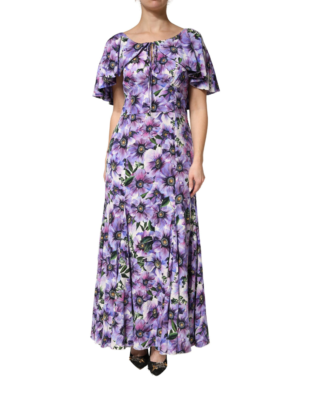 Dolce & Gabbana Elegant floor-length dress in purple floral stretch silk fabric