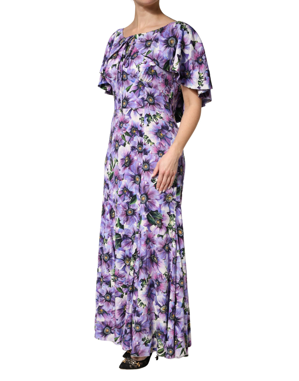 Dolce & Gabbana Elegant floor-length dress in purple floral stretch silk fabric