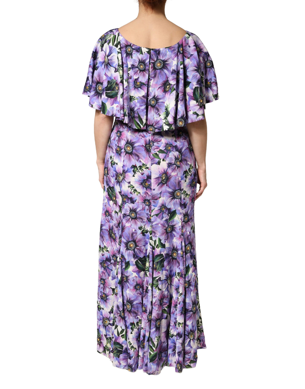 Dolce & Gabbana Elegant floor-length dress in purple floral stretch silk fabric