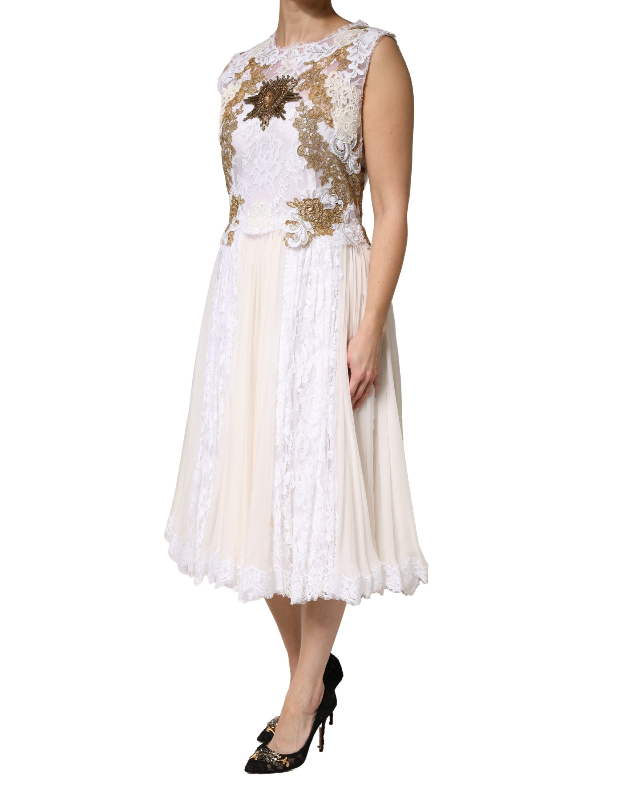 Dolce & Gabbana Ivory Silk Lace Embellished Sleeveless Dress