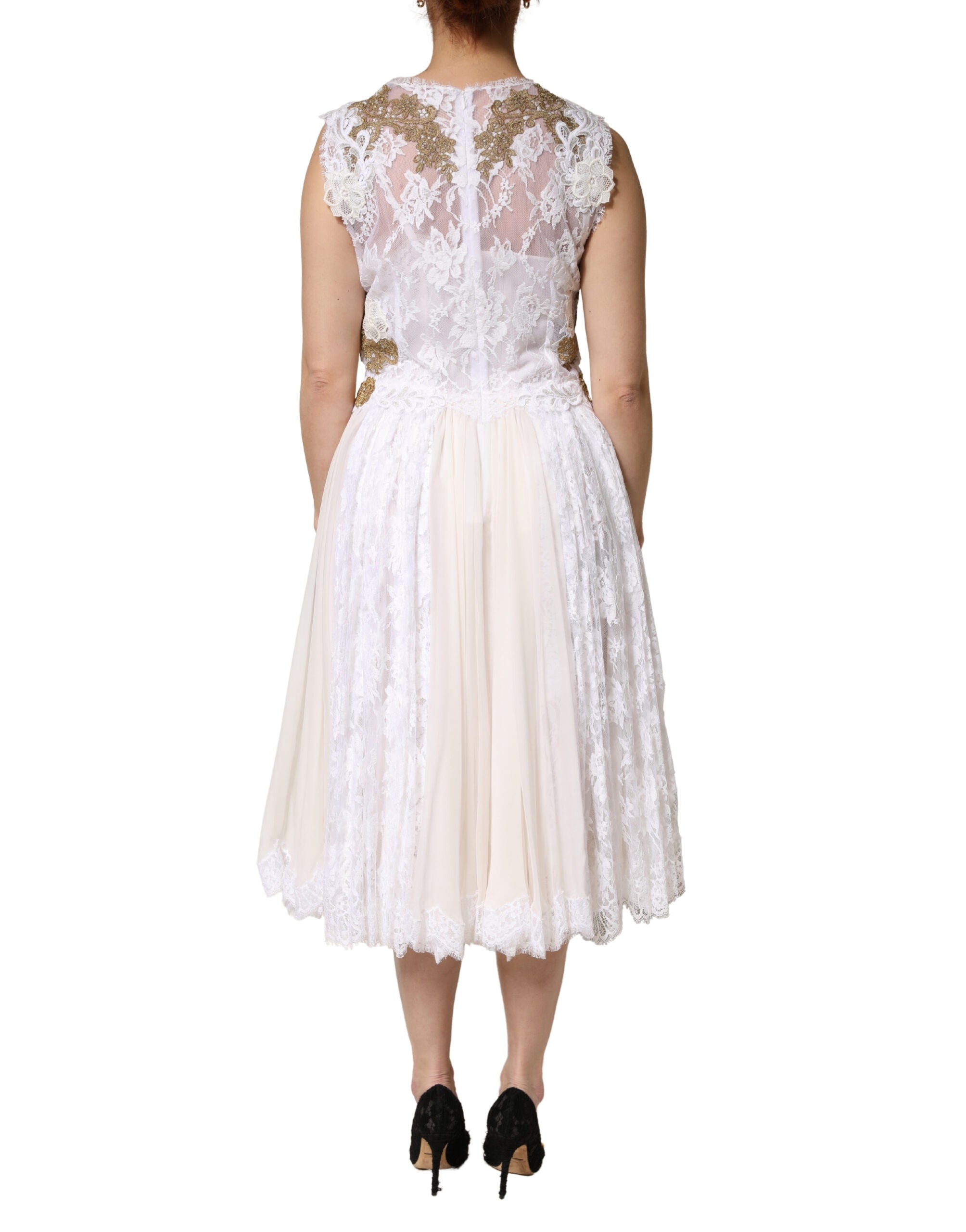Dolce & Gabbana Ivory Silk Lace Embellished Sleeveless Dress