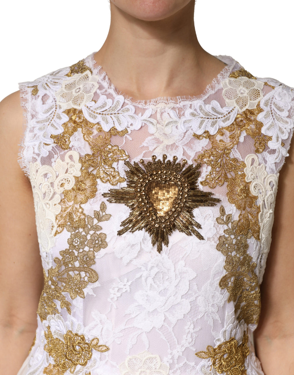 Dolce & Gabbana Ivory Silk Lace Embellished Sleeveless Dress