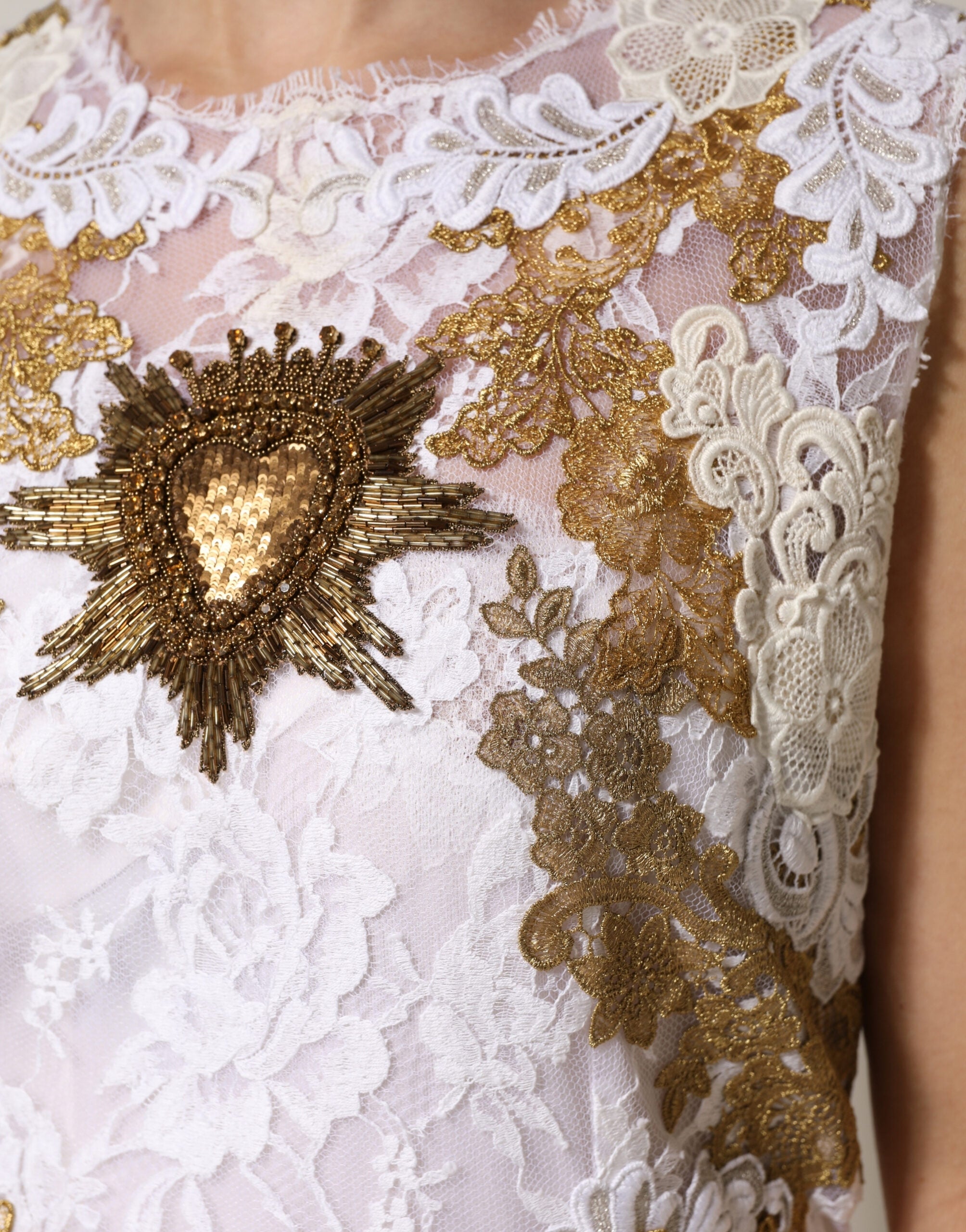 Dolce & Gabbana Ivory Silk Lace Embellished Sleeveless Dress