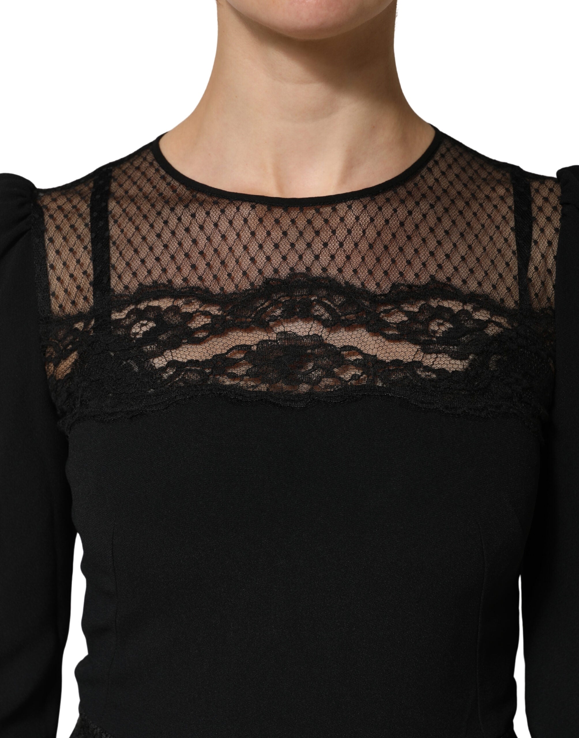 Dolce & Gabbana Schwarzes Spitzenkleid mit transparenten Einsätzen, Midi-Länge, langen Ärmeln