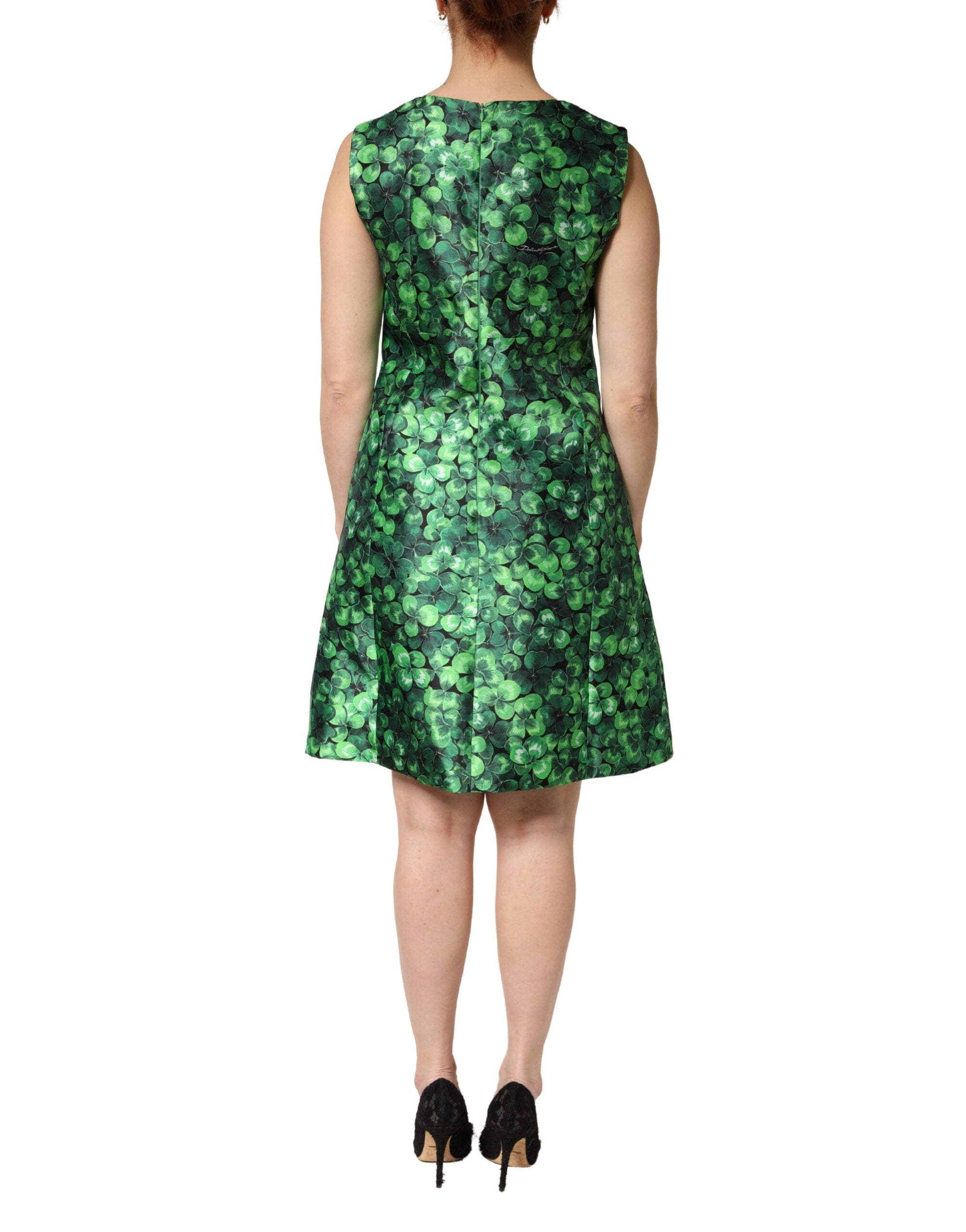 Dolce & Gabbana Sleeveless A-Line Dress with Green Clover Print