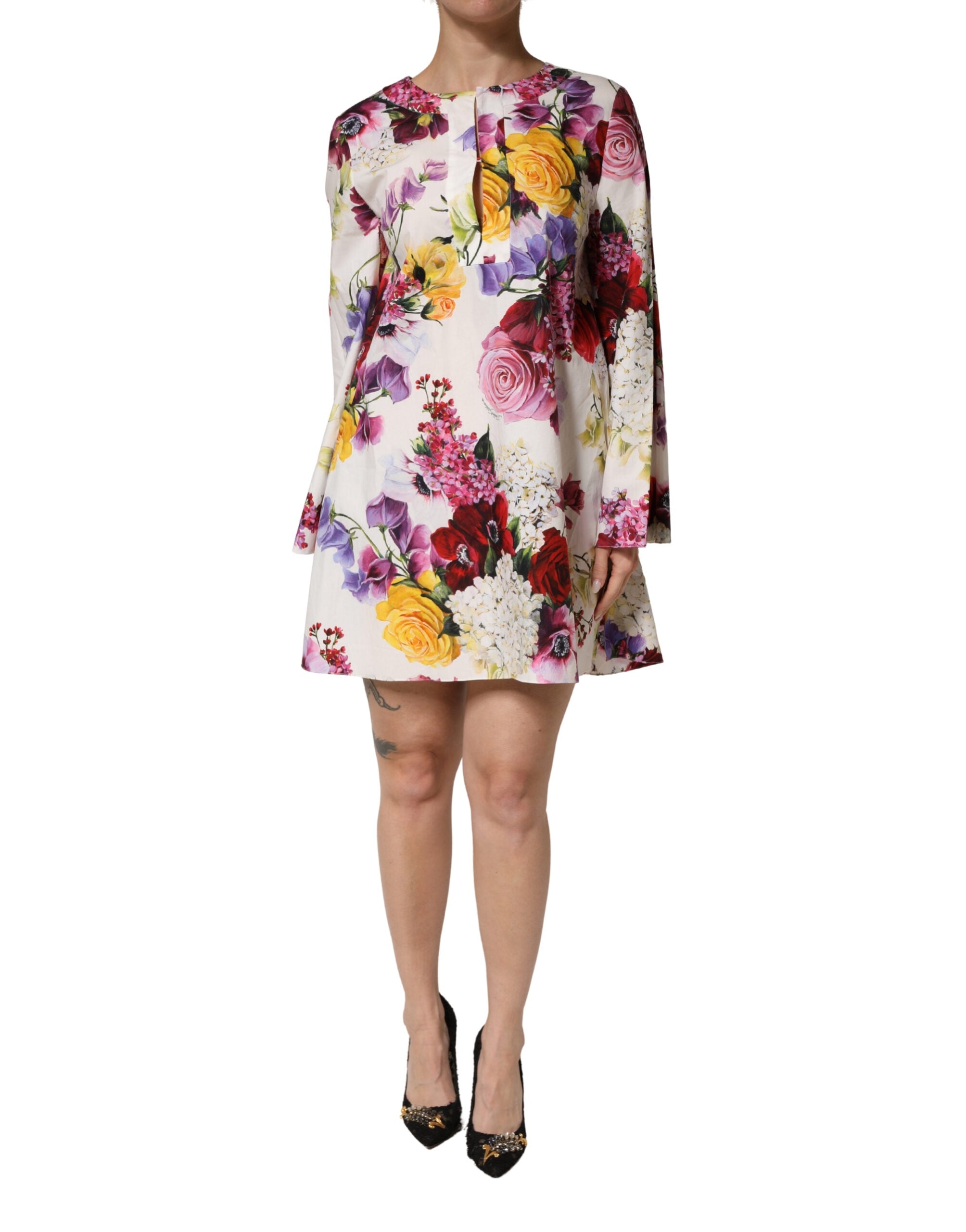 Dolce & Gabbana Multicolor Floral Cotton Long-Sleeve Midi Dress