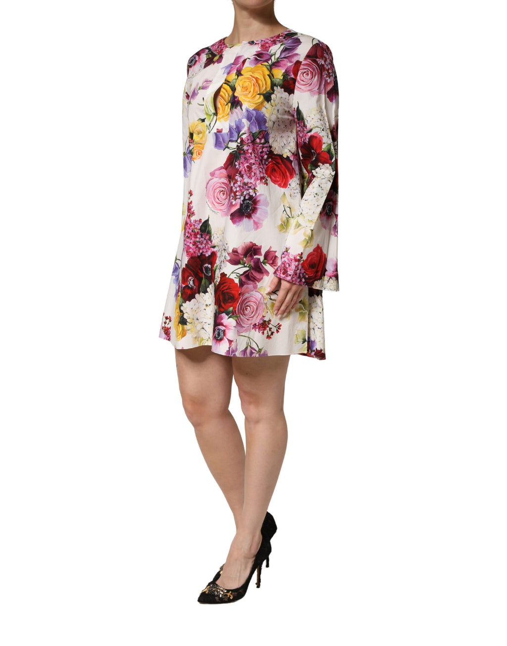 Dolce & Gabbana Mehrfarbiges Blumen-Baumwoll-Midikleid mit langen Ärmeln