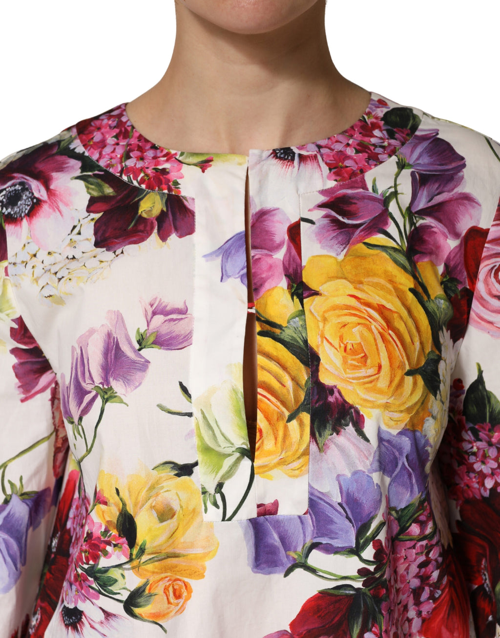 Dolce & Gabbana Mehrfarbiges Blumen-Baumwoll-Midikleid mit langen Ärmeln