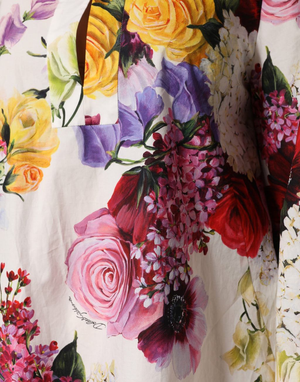 Dolce & Gabbana Mehrfarbiges Blumen-Baumwoll-Midikleid mit langen Ärmeln