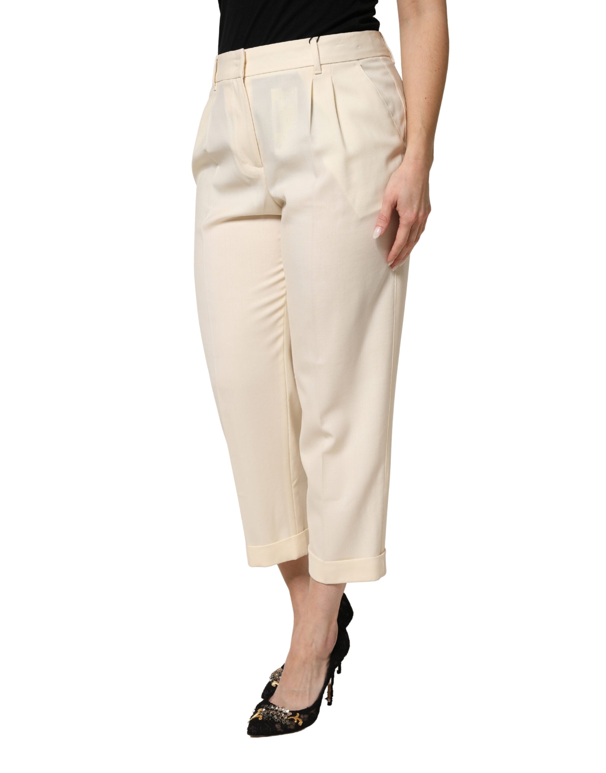 Dolce & Gabbana Elfenbein-Wollhose mit mittelhohem Bund und Cropped-Schnitt