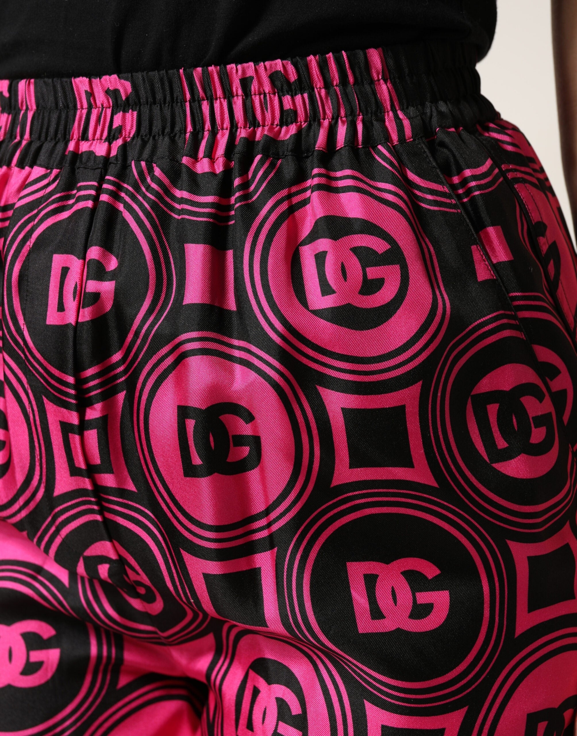 Dolce & Gabbana Black Fuchsia Silk Logo Waist Shorts