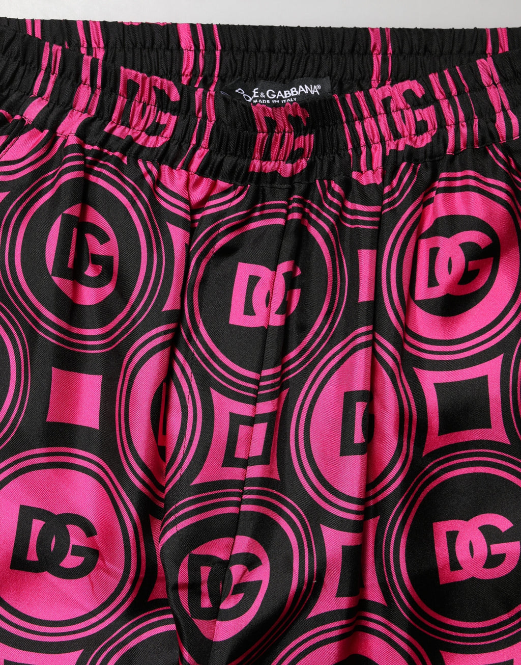 Dolce & Gabbana Black Fuchsia Silk Logo Waist Shorts