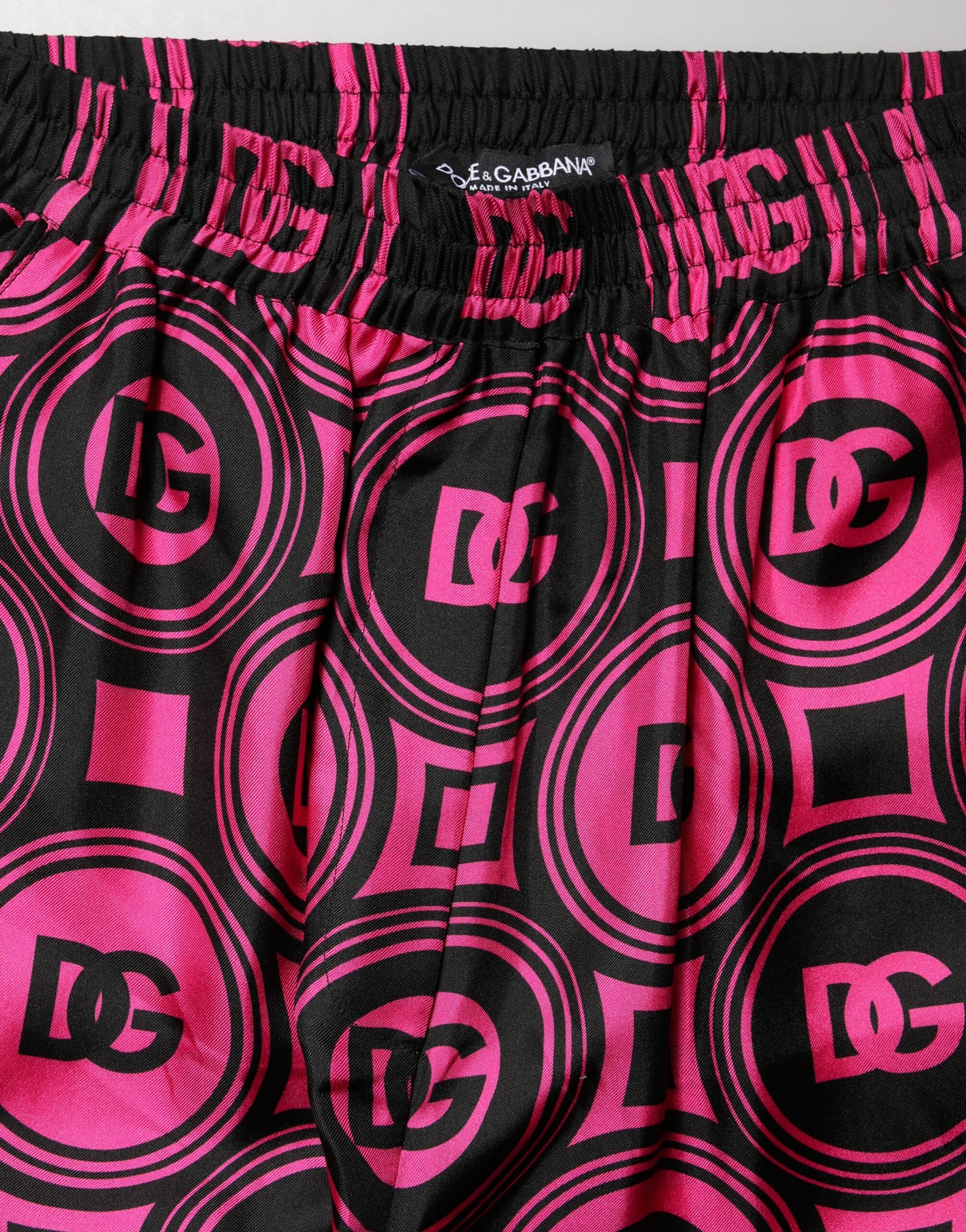 Dolce & Gabbana Black Fuchsia Silk Logo Waist Shorts