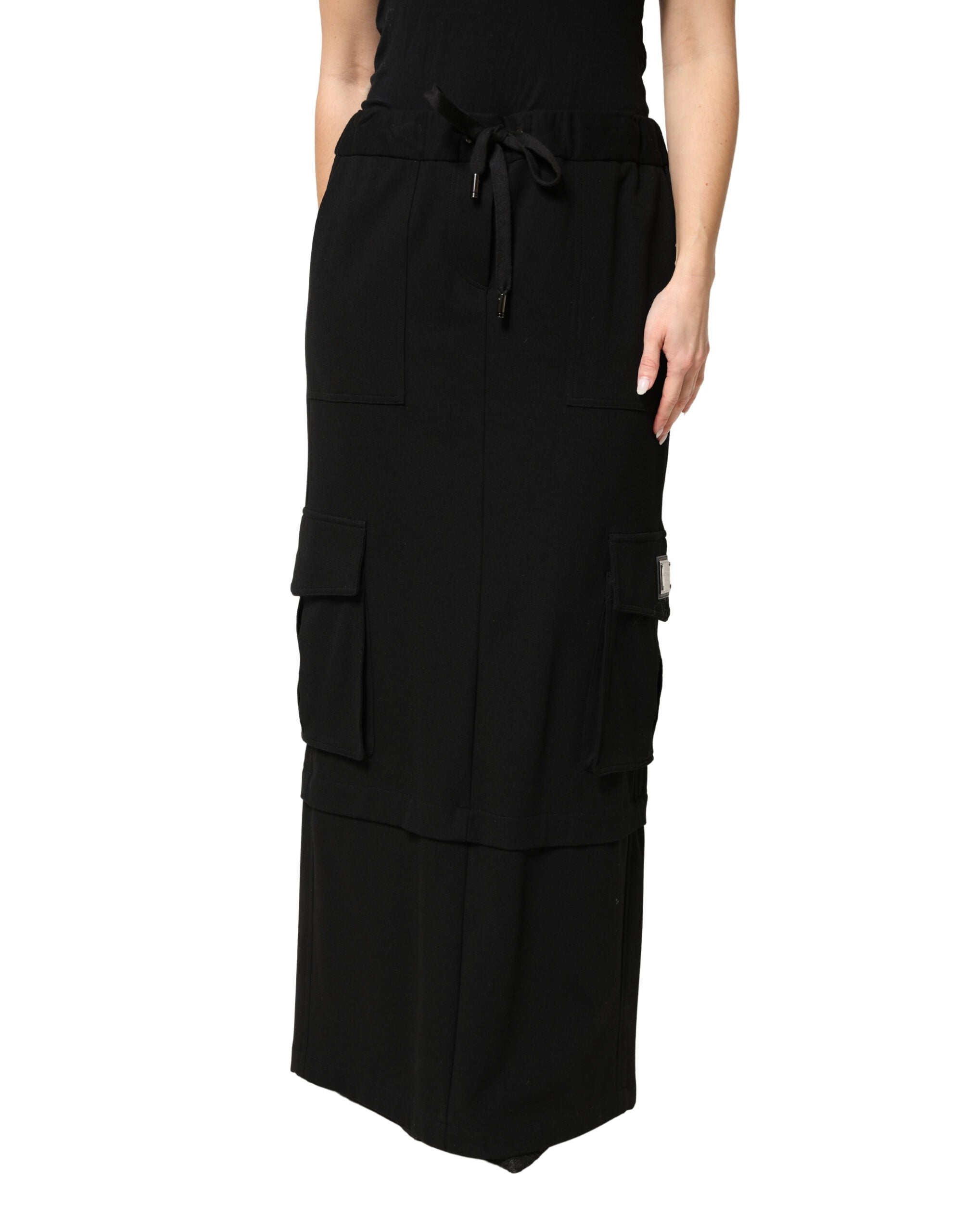 Dolce & Gabbana Schwarzer Maxi-Cargo-Rock aus Baumwolle mit Kordelzug