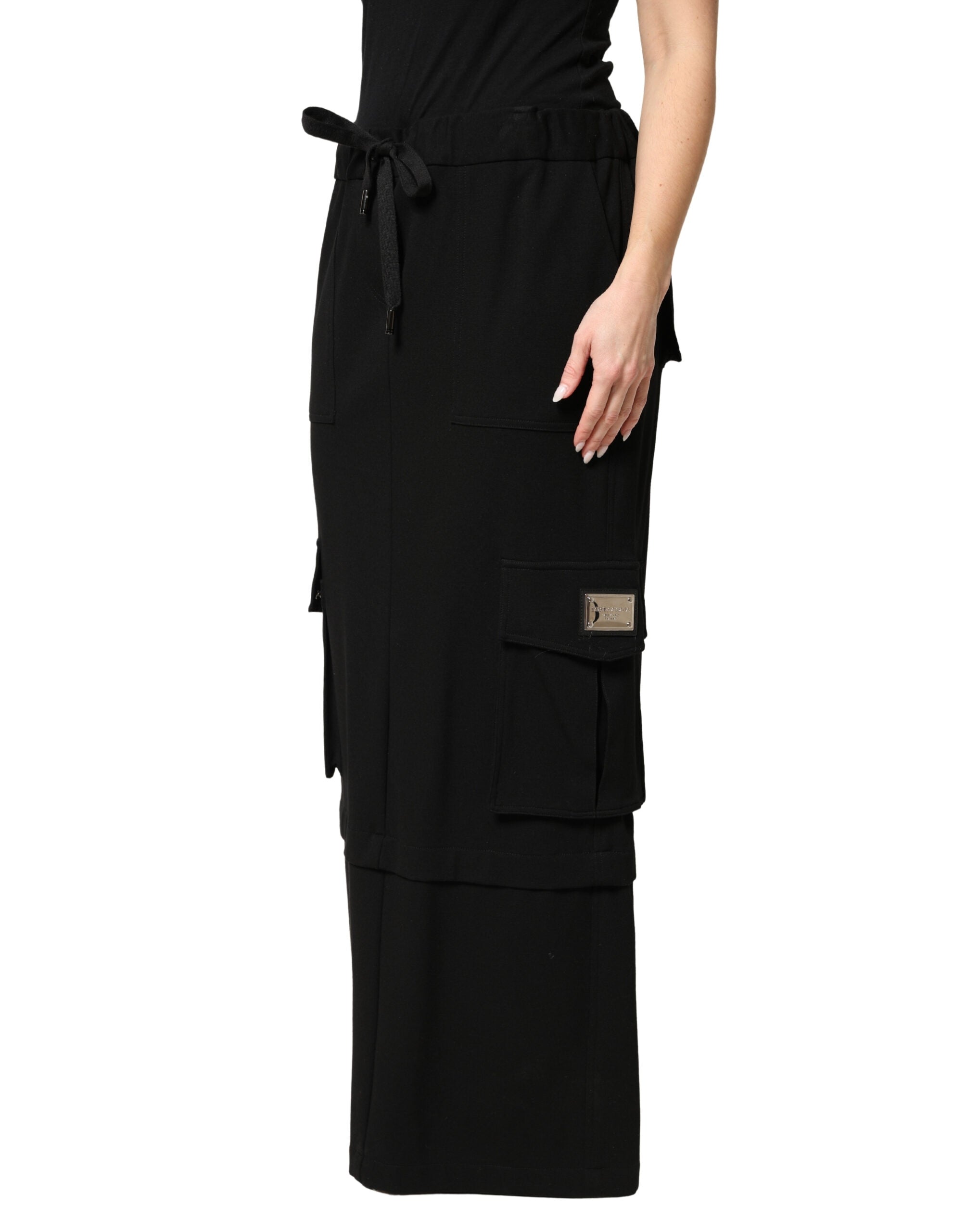 Dolce & Gabbana Schwarzer Maxi-Cargo-Rock aus Baumwolle mit Kordelzug