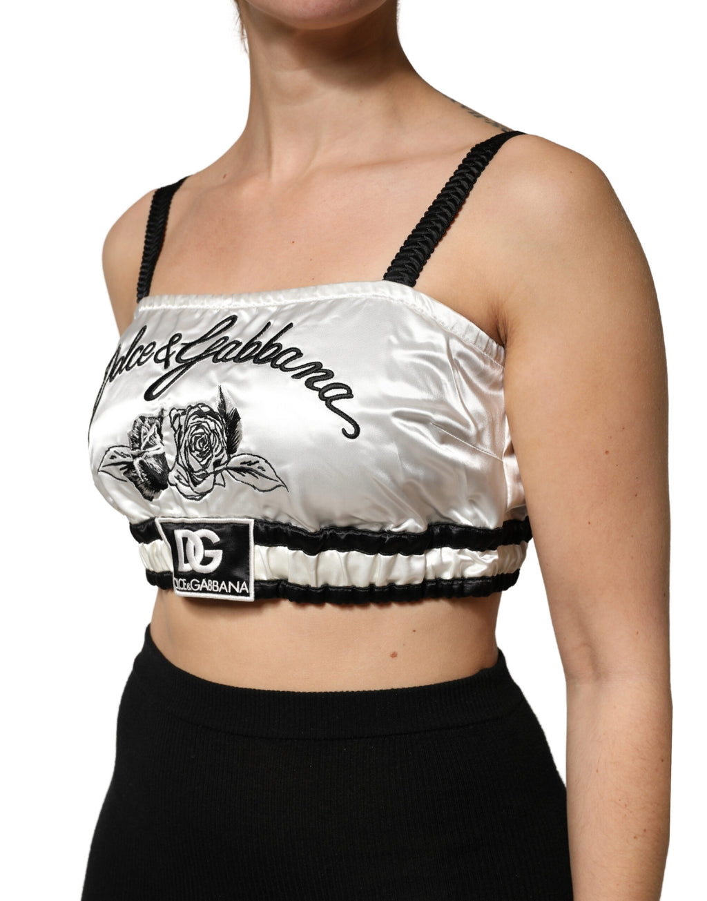 Dolce & Gabbana Weiße Seiden-Satin-Crop-Bralette mit schwarzem Logo