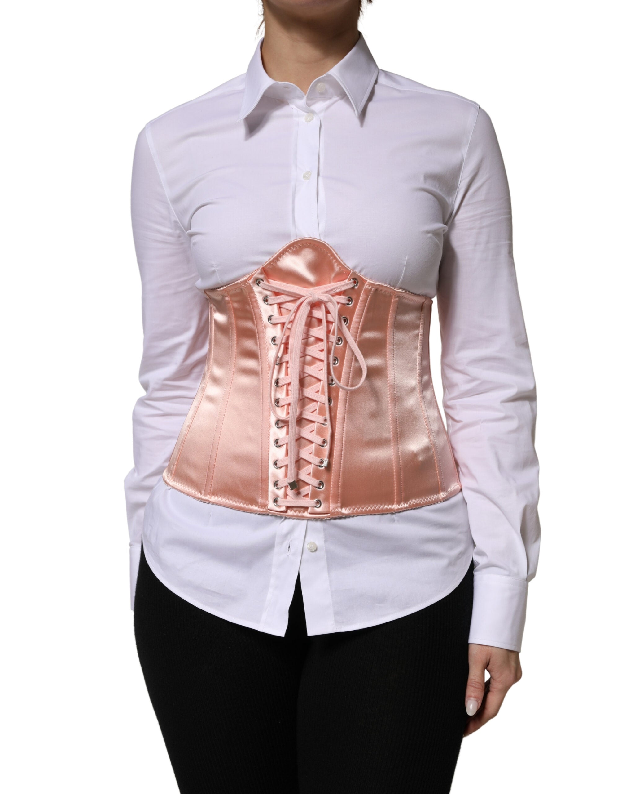 Dolce & Gabbana Pale Pink Silk Lace-Up Waist Cincher Corset Top