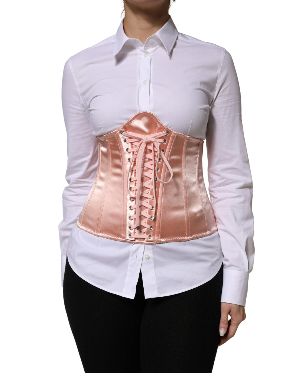 Dolce & Gabbana Pale Pink Silk Lace-Up Waist Cincher Corset Top