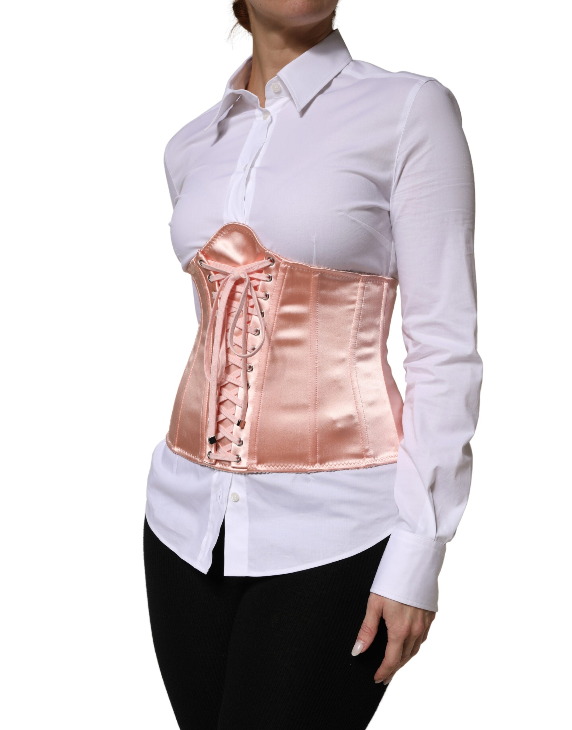 Dolce & Gabbana Pale Pink Silk Lace-Up Waist Cincher Corset Top