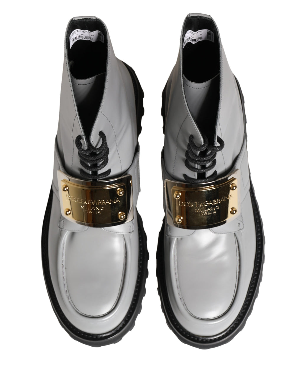 Dolce & Gabbana Grey Leather Ankle Boots with Logo Plaque