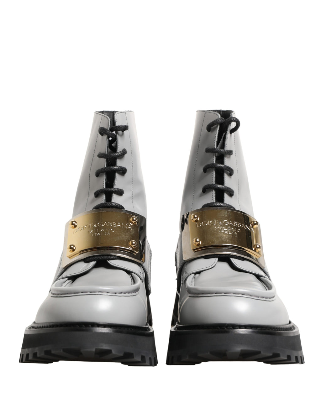 Dolce & Gabbana Grey Leather Ankle Boots with Logo Plaque