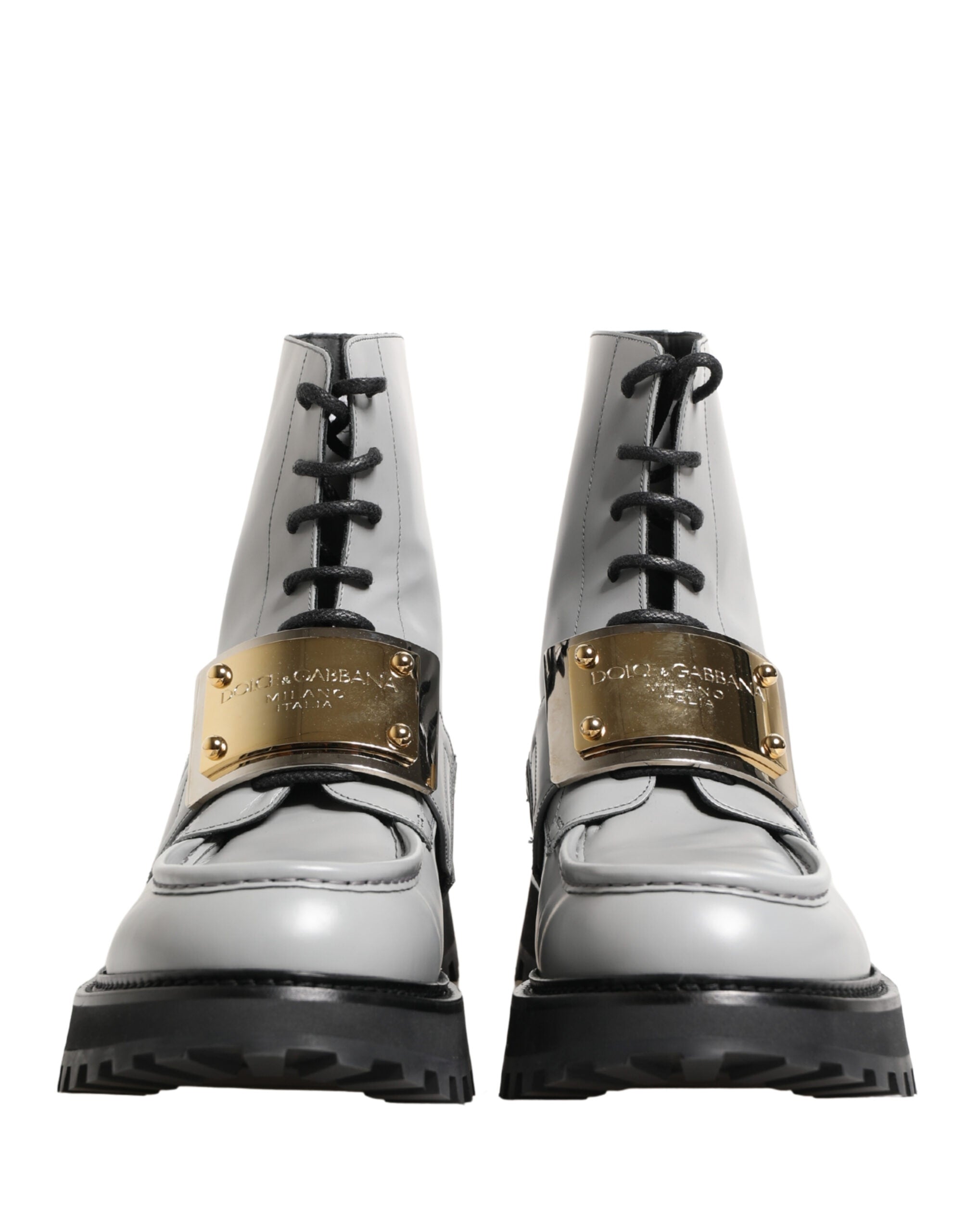 Dolce & Gabbana Grey Leather Ankle Boots with Logo Plaque