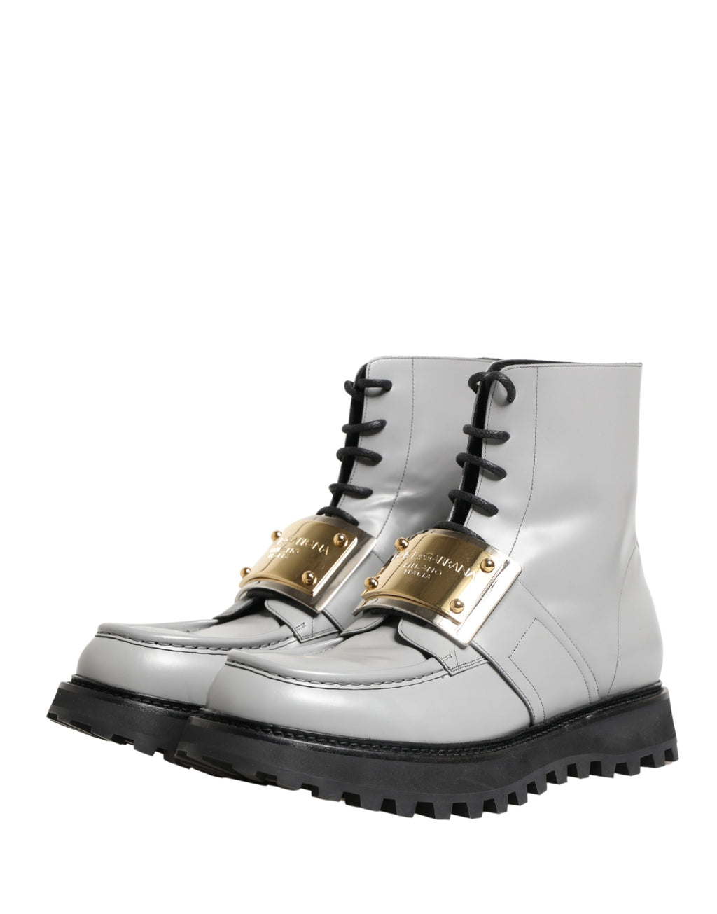 Dolce & Gabbana Grey Leather Ankle Boots with Logo Plaque