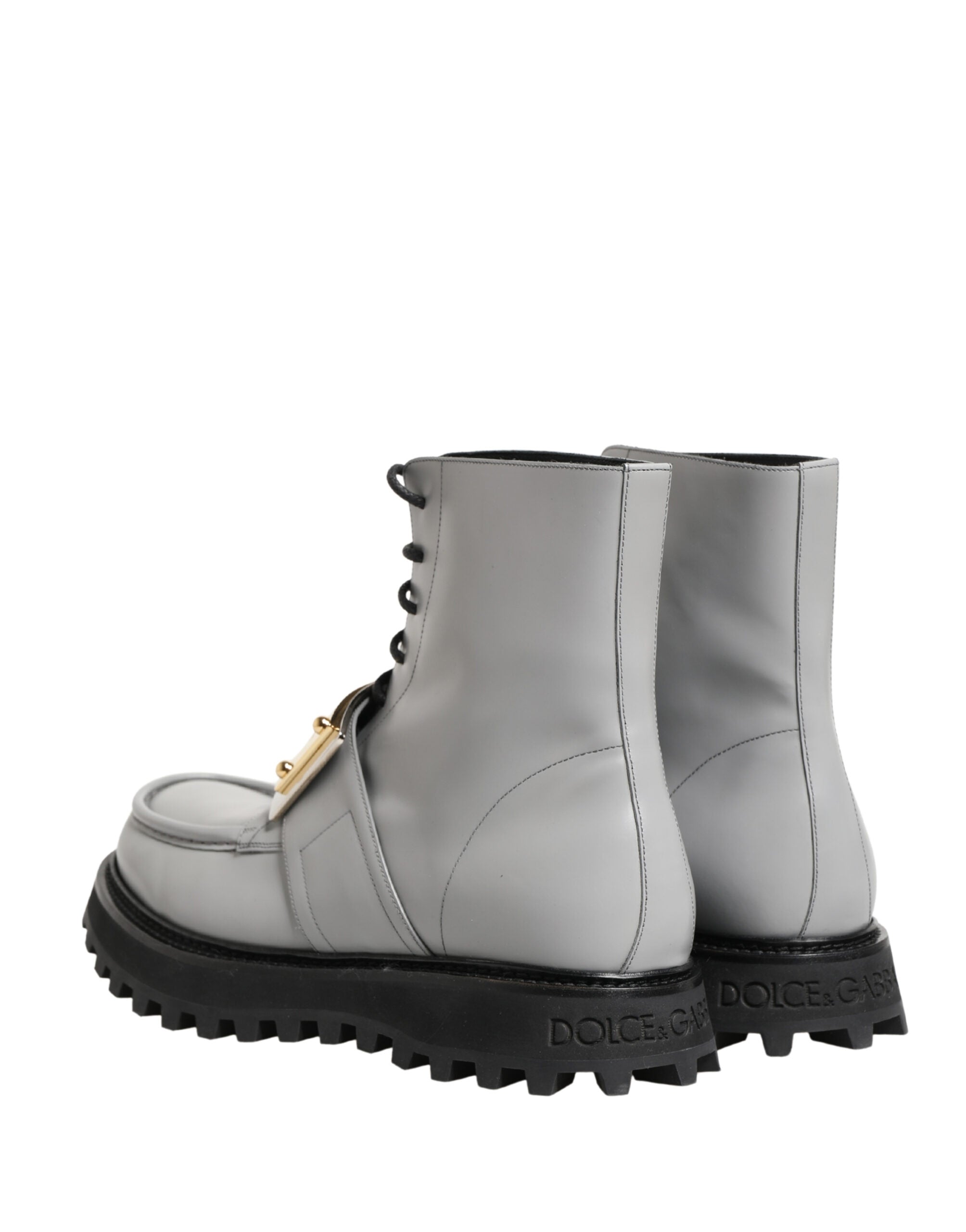 Dolce & Gabbana Grey Leather Ankle Boots with Logo Plaque