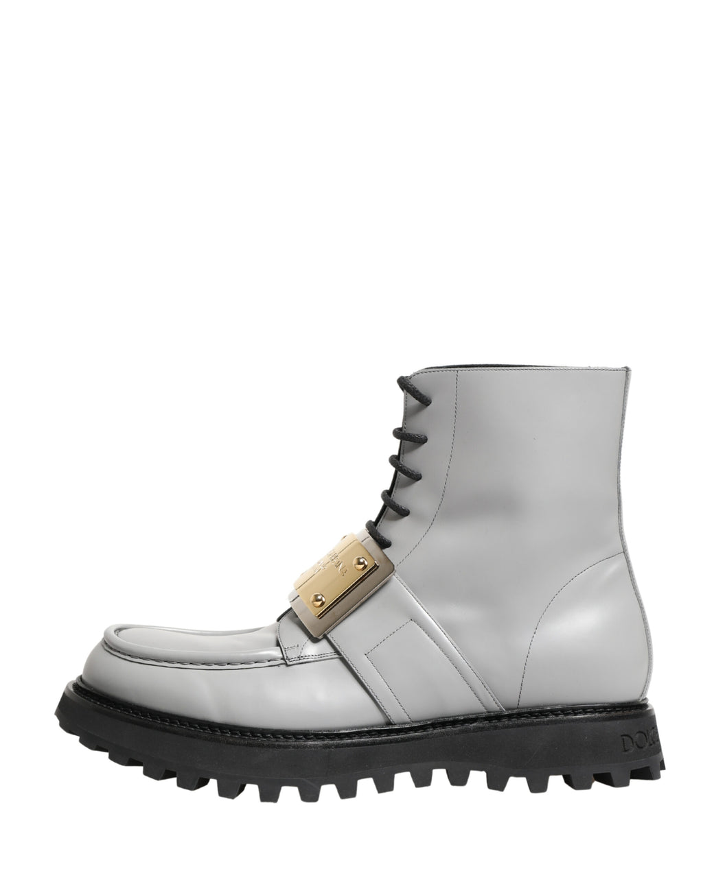 Dolce & Gabbana Grey Leather Ankle Boots with Logo Plaque