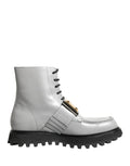 Dolce & Gabbana Grey Leather Ankle Boots with Logo Plaque