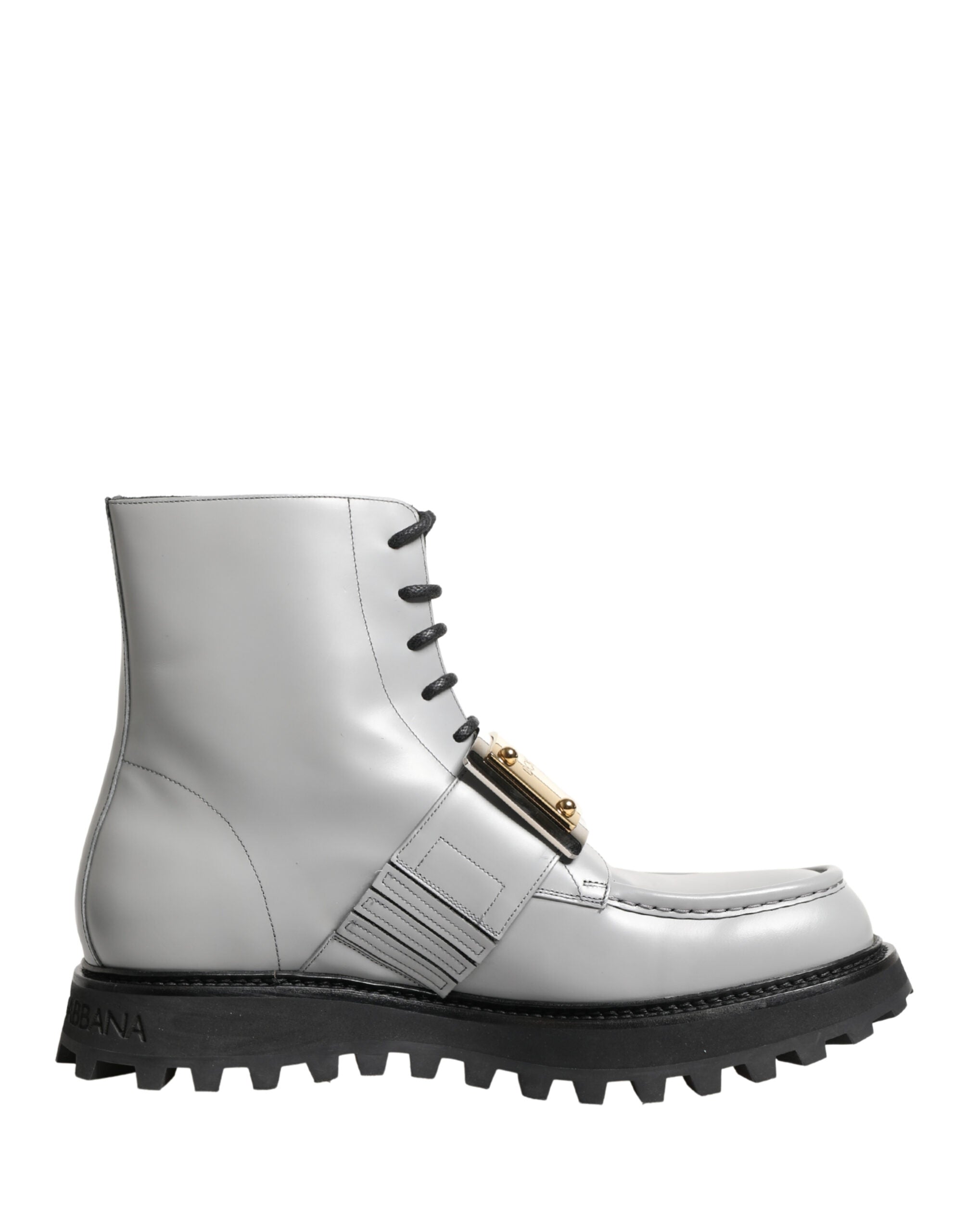 Dolce & Gabbana Grey Leather Ankle Boots with Logo Plaque