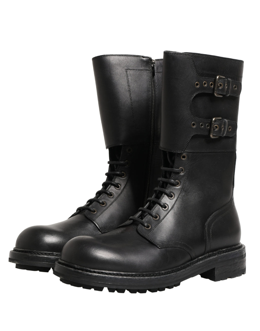 Dolce & Gabbana Schwarze Leder-Schnürstiefel mit Gürtelschnalle