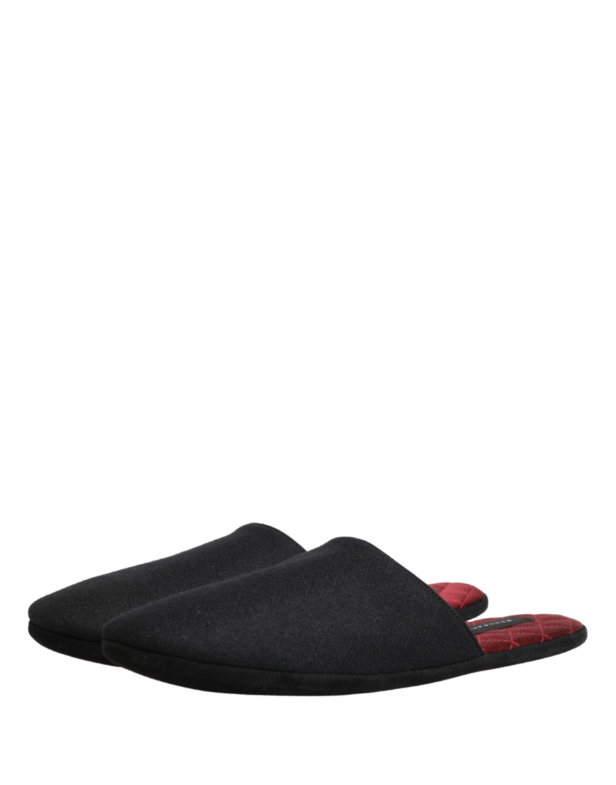Dolce & Gabbana Black Wool-Cashmere Slippers with Red Stitching