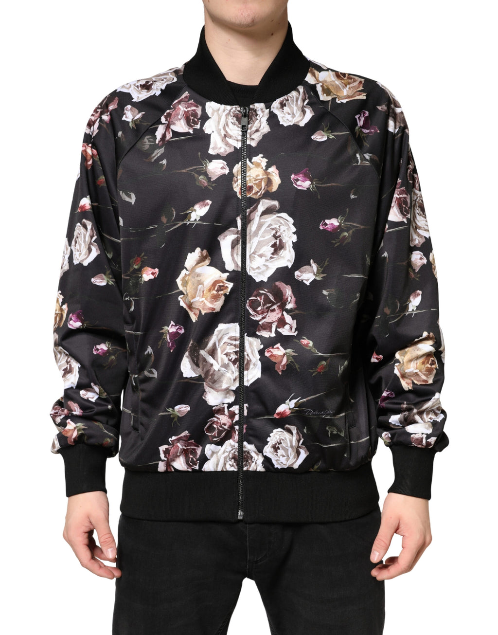 Dolce & Gabbana Schwarze Bomberjacke aus Polyester mit Blumenprint und durchgehendem Reißverschluss