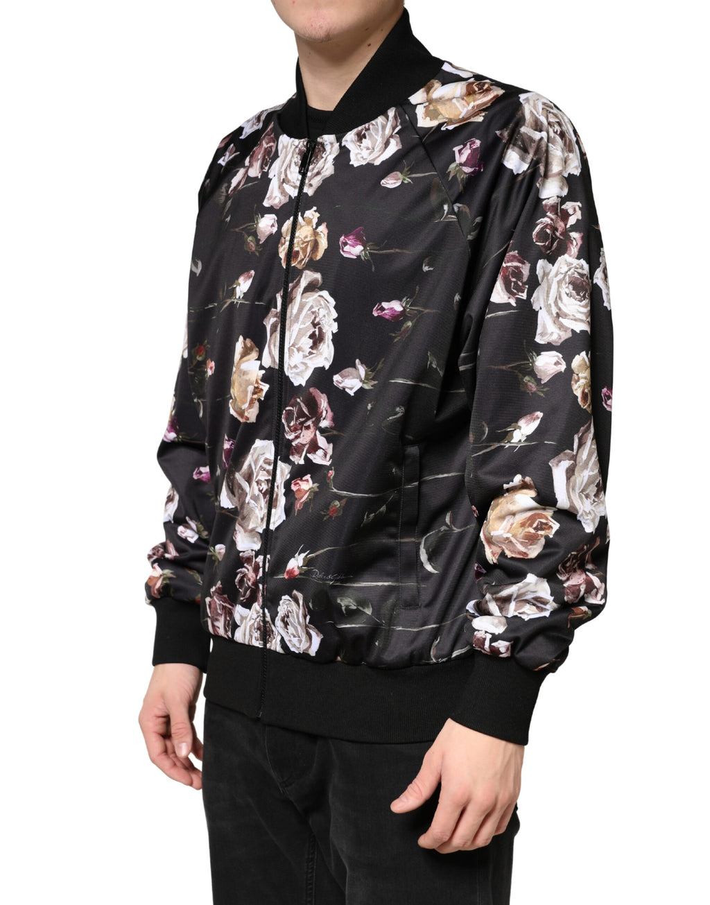 Dolce & Gabbana Schwarze Bomberjacke aus Polyester mit Blumenprint und durchgehendem Reißverschluss