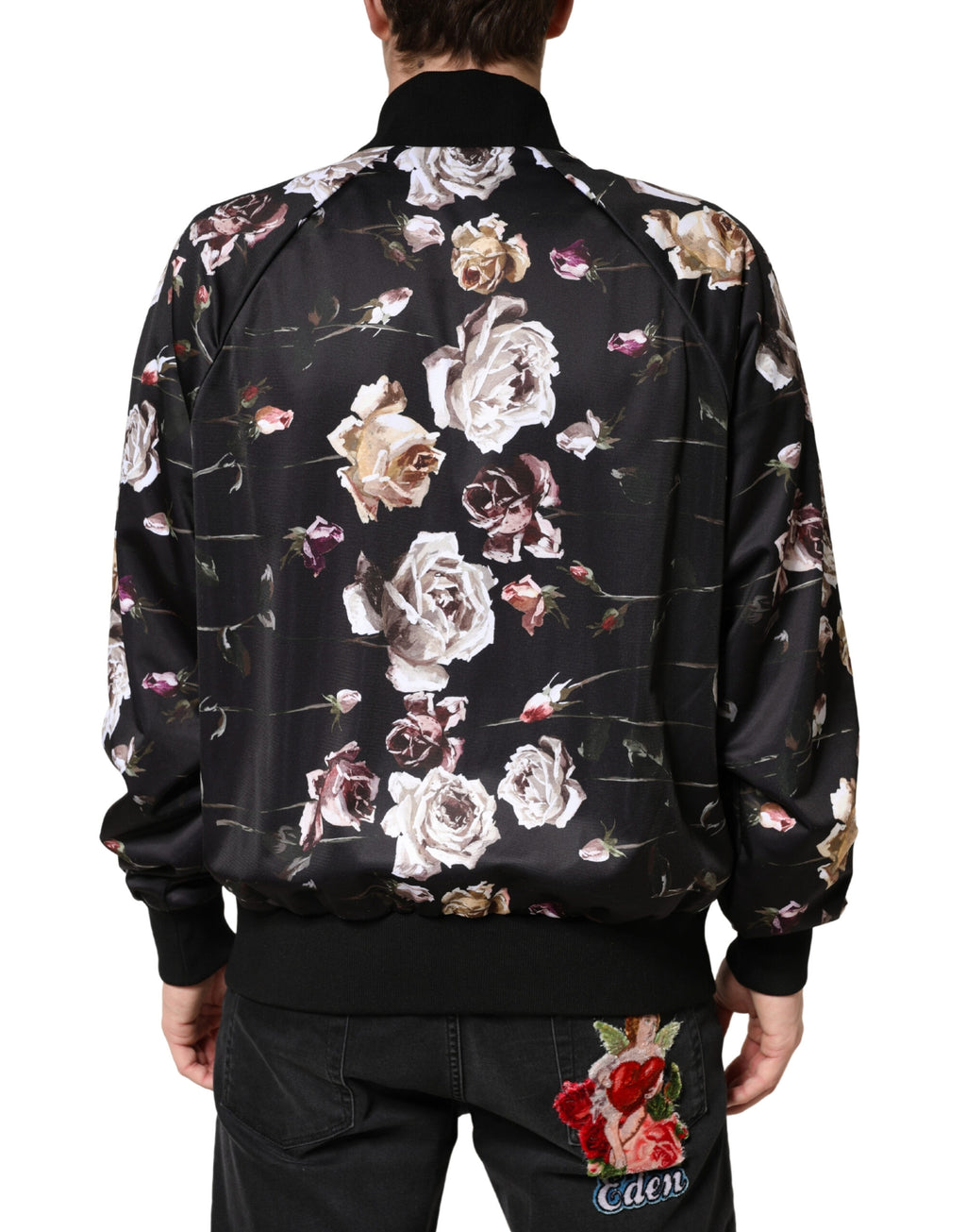 Dolce & Gabbana Schwarze Bomberjacke aus Polyester mit Blumenprint und durchgehendem Reißverschluss