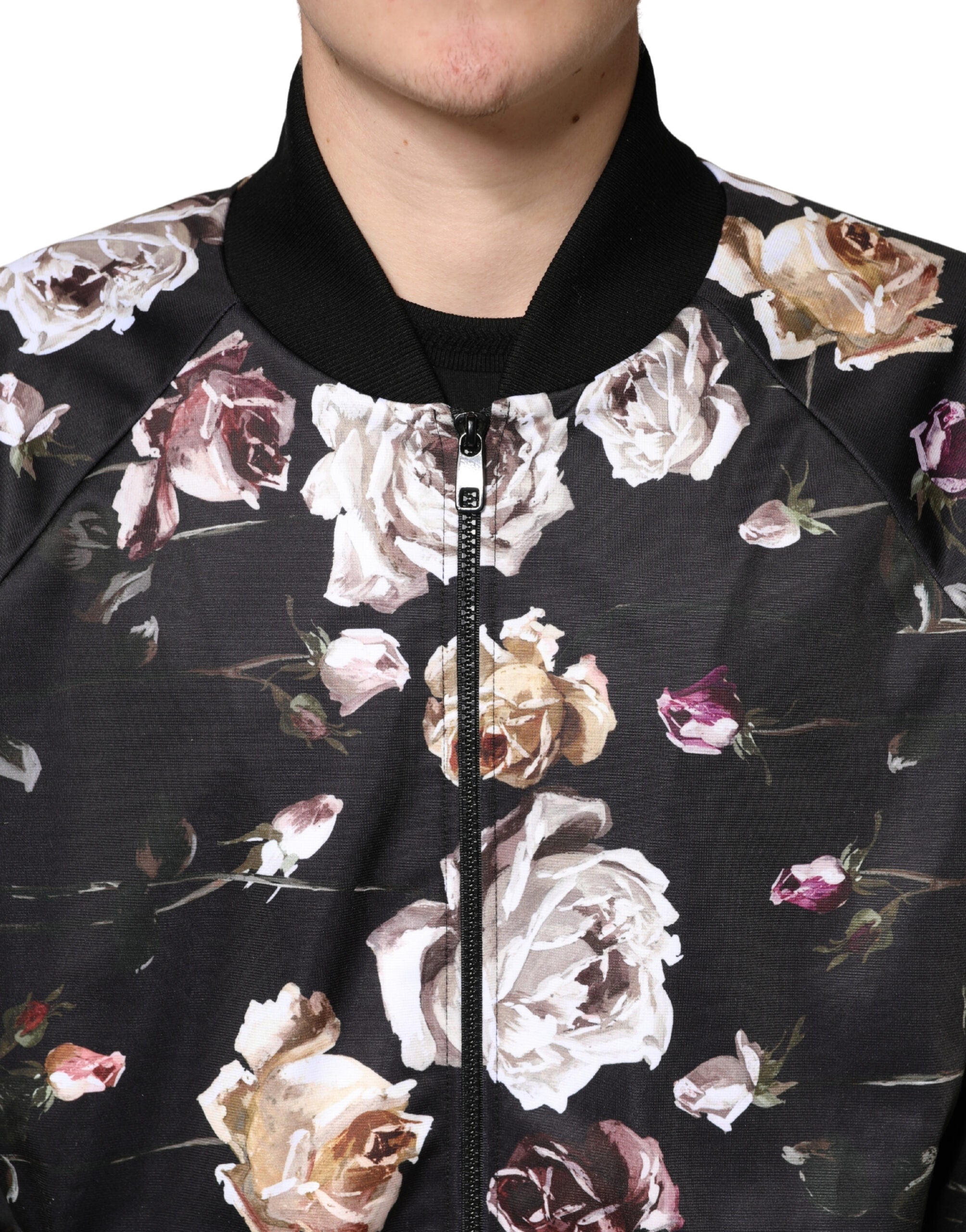 Dolce & Gabbana Schwarze Bomberjacke aus Polyester mit Blumenprint und durchgehendem Reißverschluss