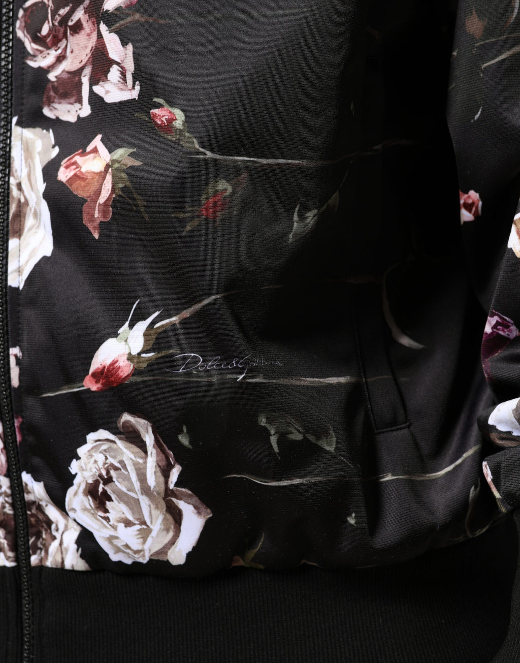 Dolce & Gabbana Schwarze Bomberjacke aus Polyester mit Blumenprint und durchgehendem Reißverschluss