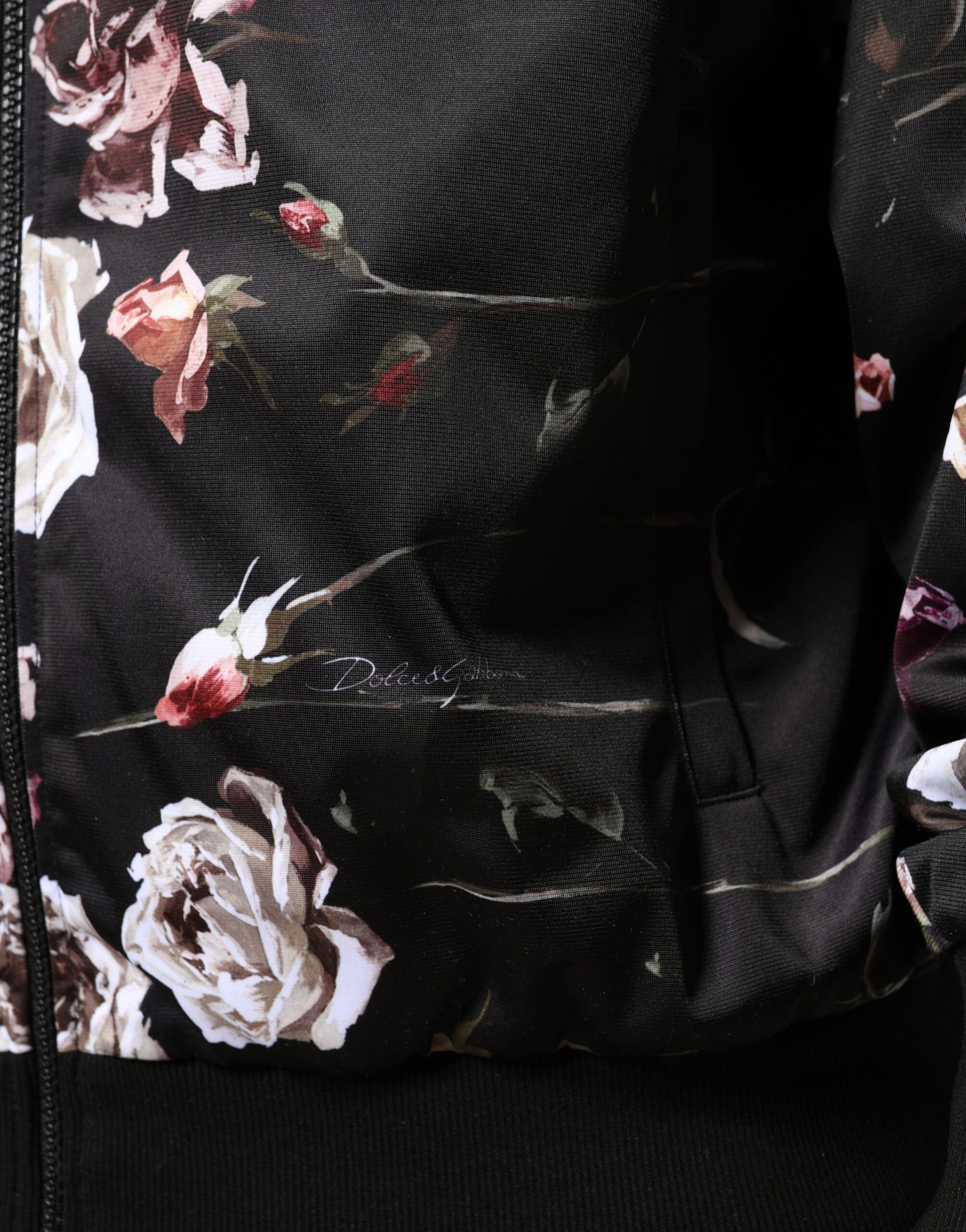 Dolce & Gabbana Schwarze Bomberjacke aus Polyester mit Blumenprint und durchgehendem Reißverschluss