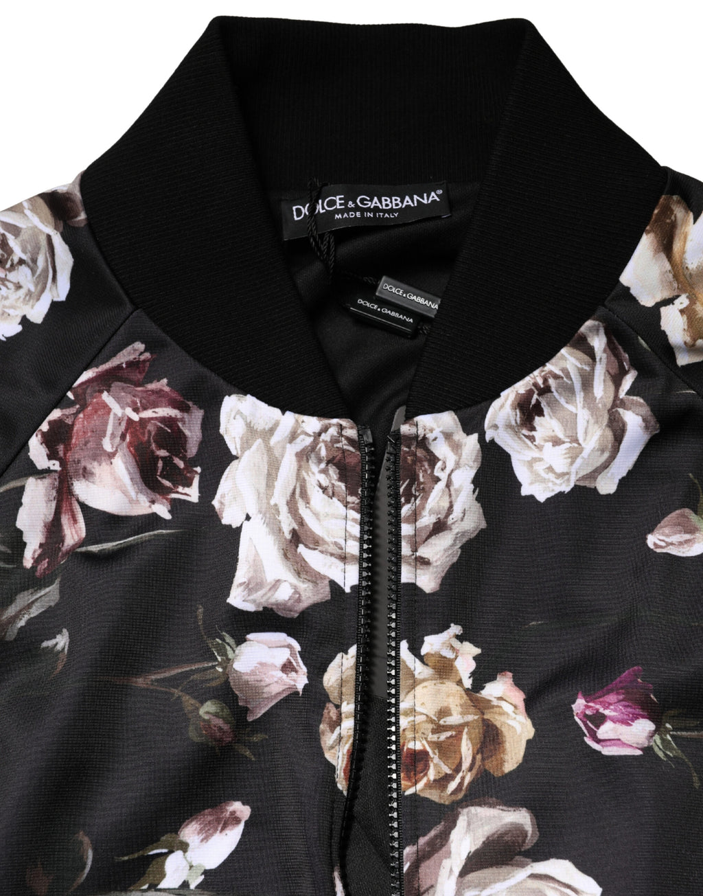 Dolce & Gabbana Schwarze Bomberjacke aus Polyester mit Blumenprint und durchgehendem Reißverschluss