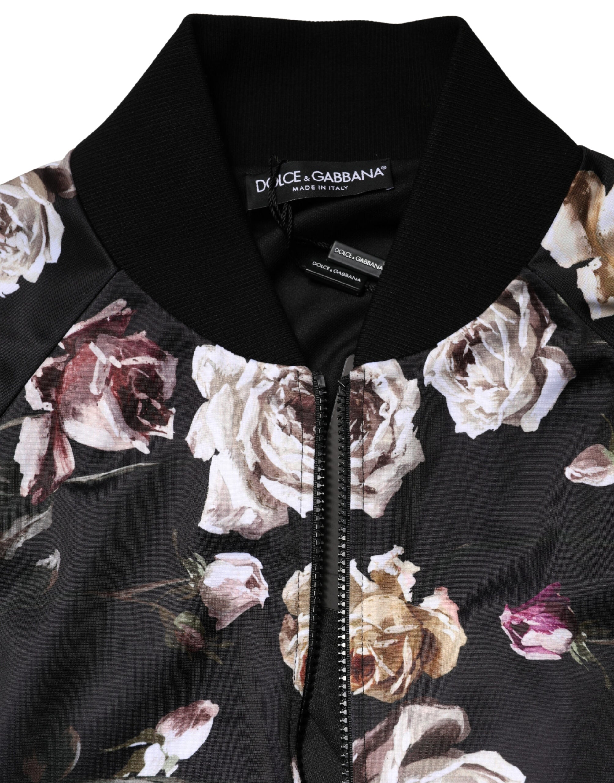 Dolce & Gabbana Schwarze Bomberjacke aus Polyester mit Blumenprint und durchgehendem Reißverschluss