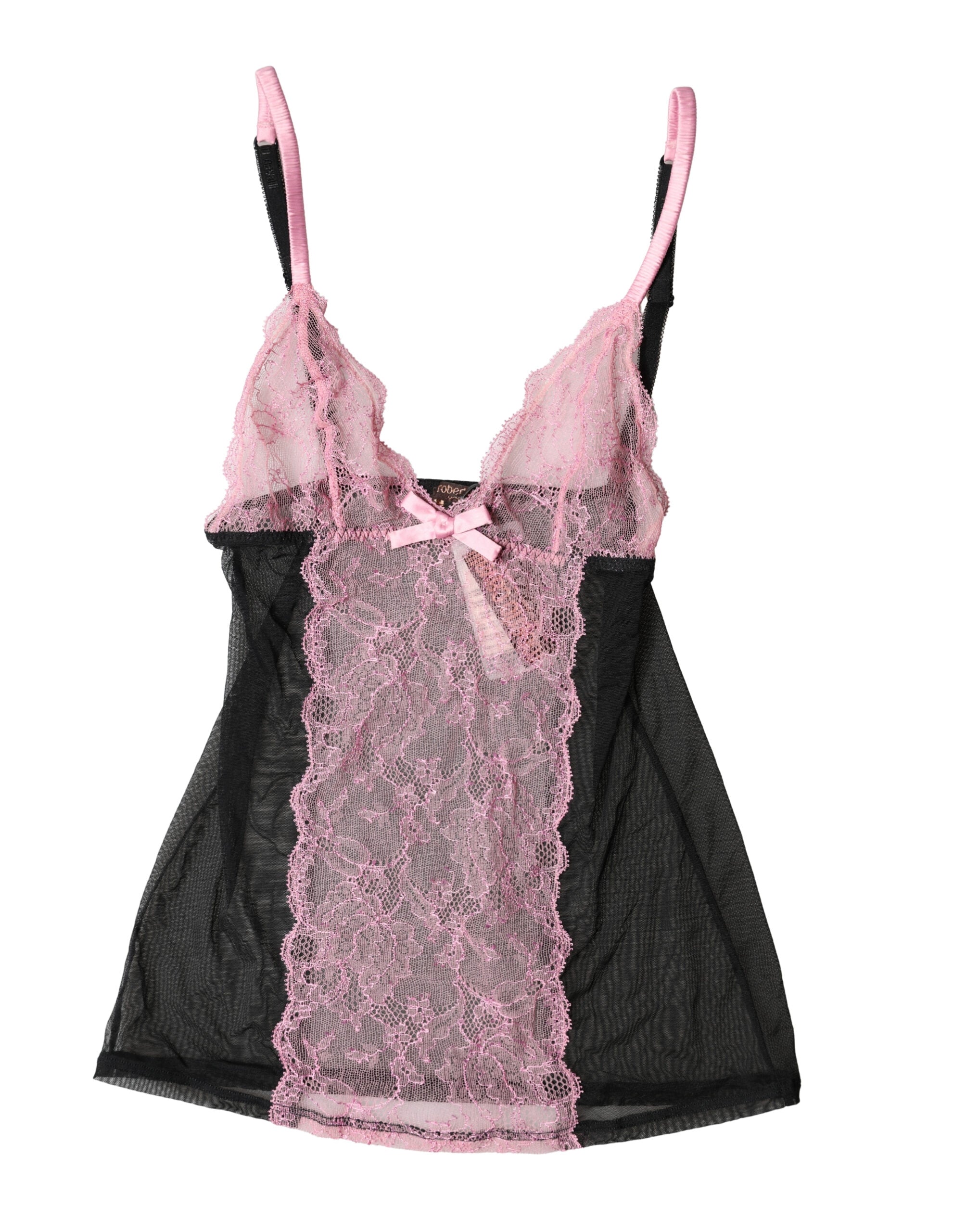 Roberto Cavalli Black Lingerie Top with Pink Floral Lace
