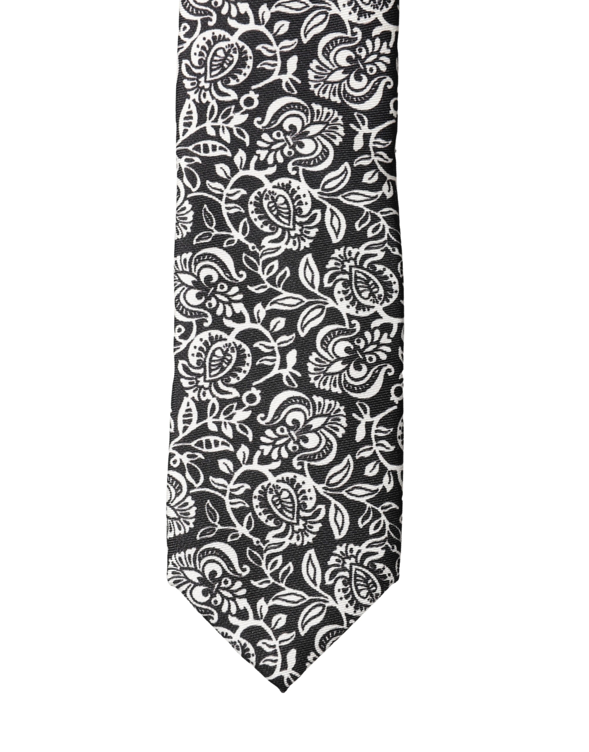 Dolce & Gabbana Black White Floral Fantasy Silk Tie Adjustable