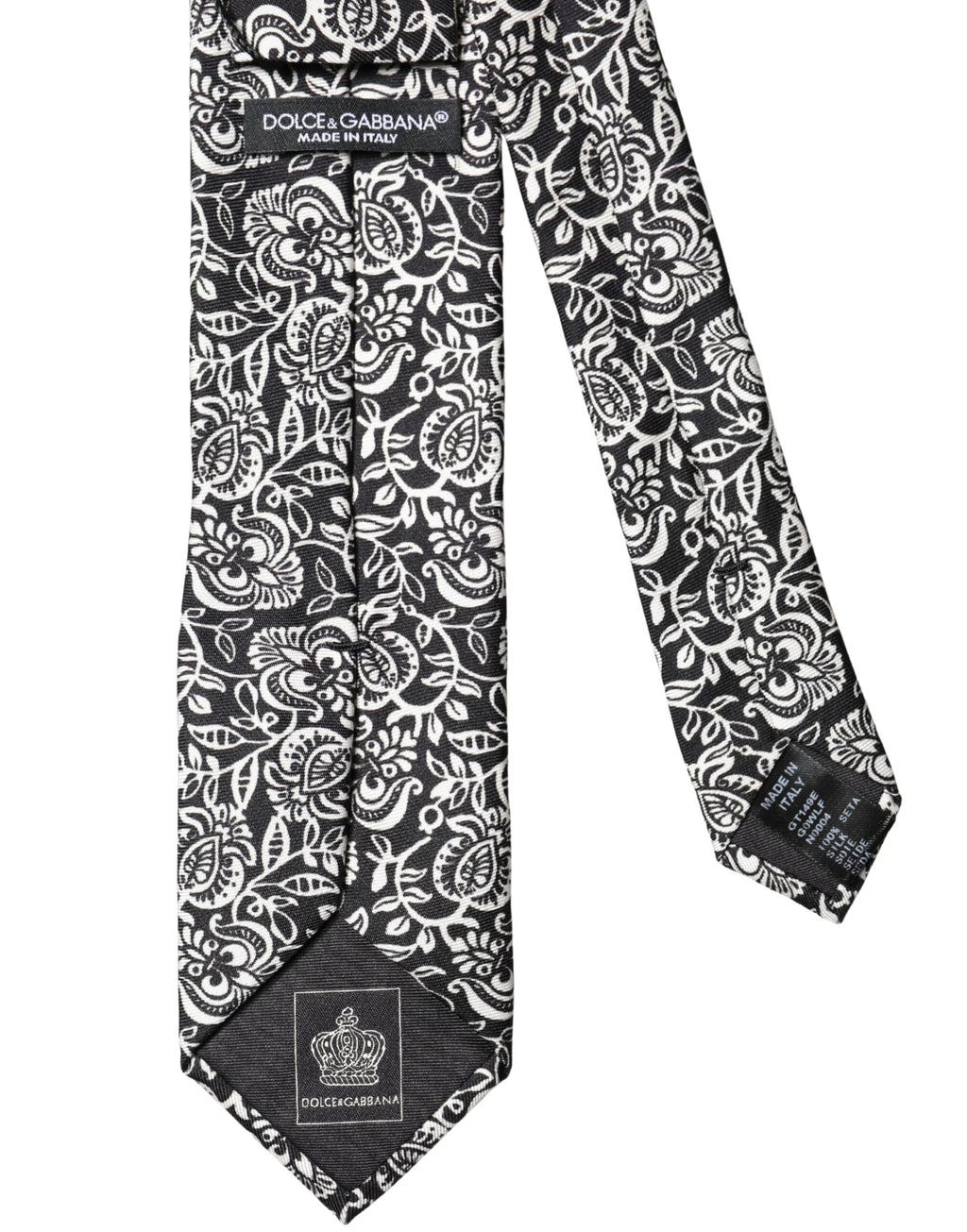 Dolce & Gabbana Black White Floral Fantasy Silk Tie Adjustable