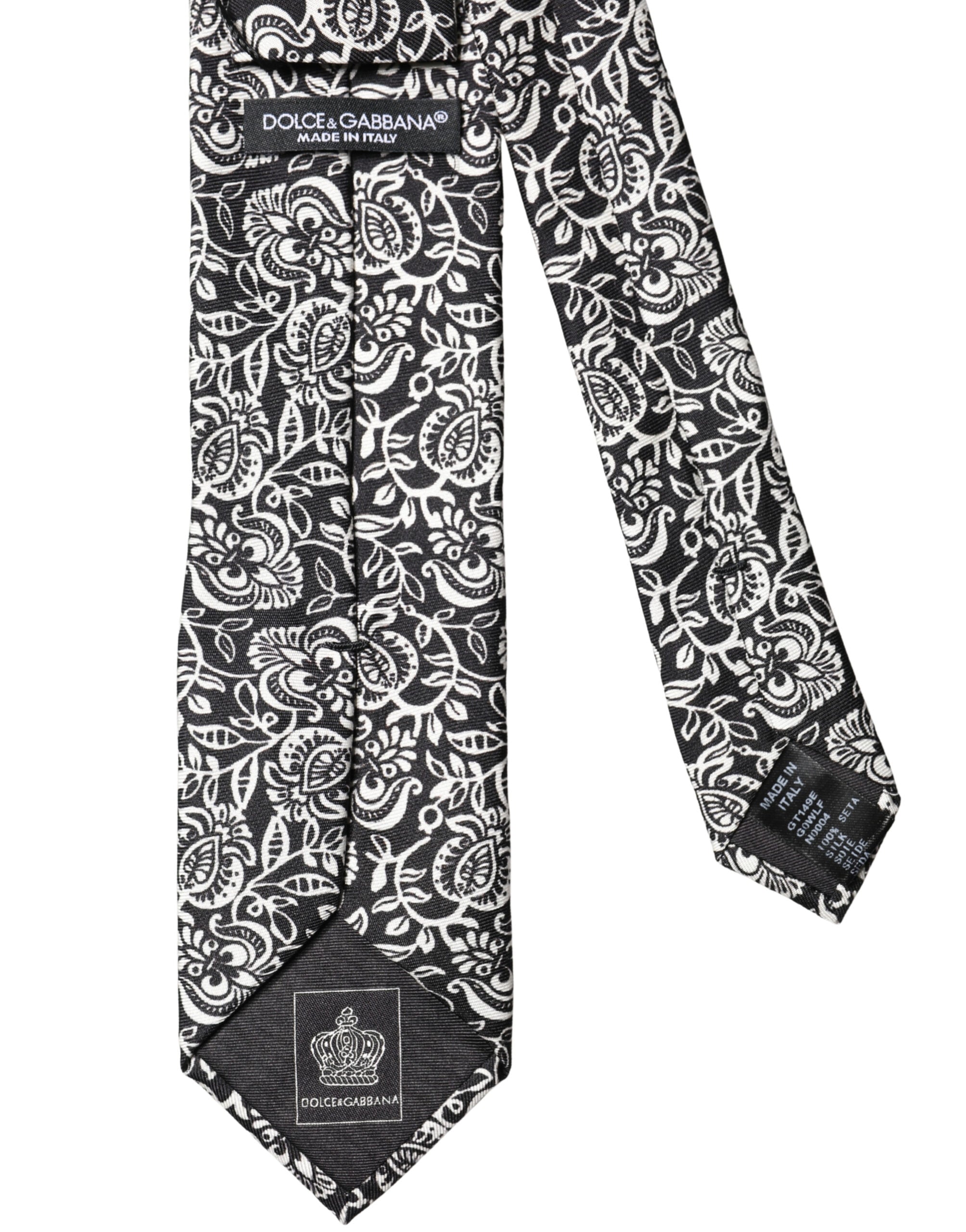 Dolce & Gabbana Black White Floral Fantasy Silk Tie Adjustable
