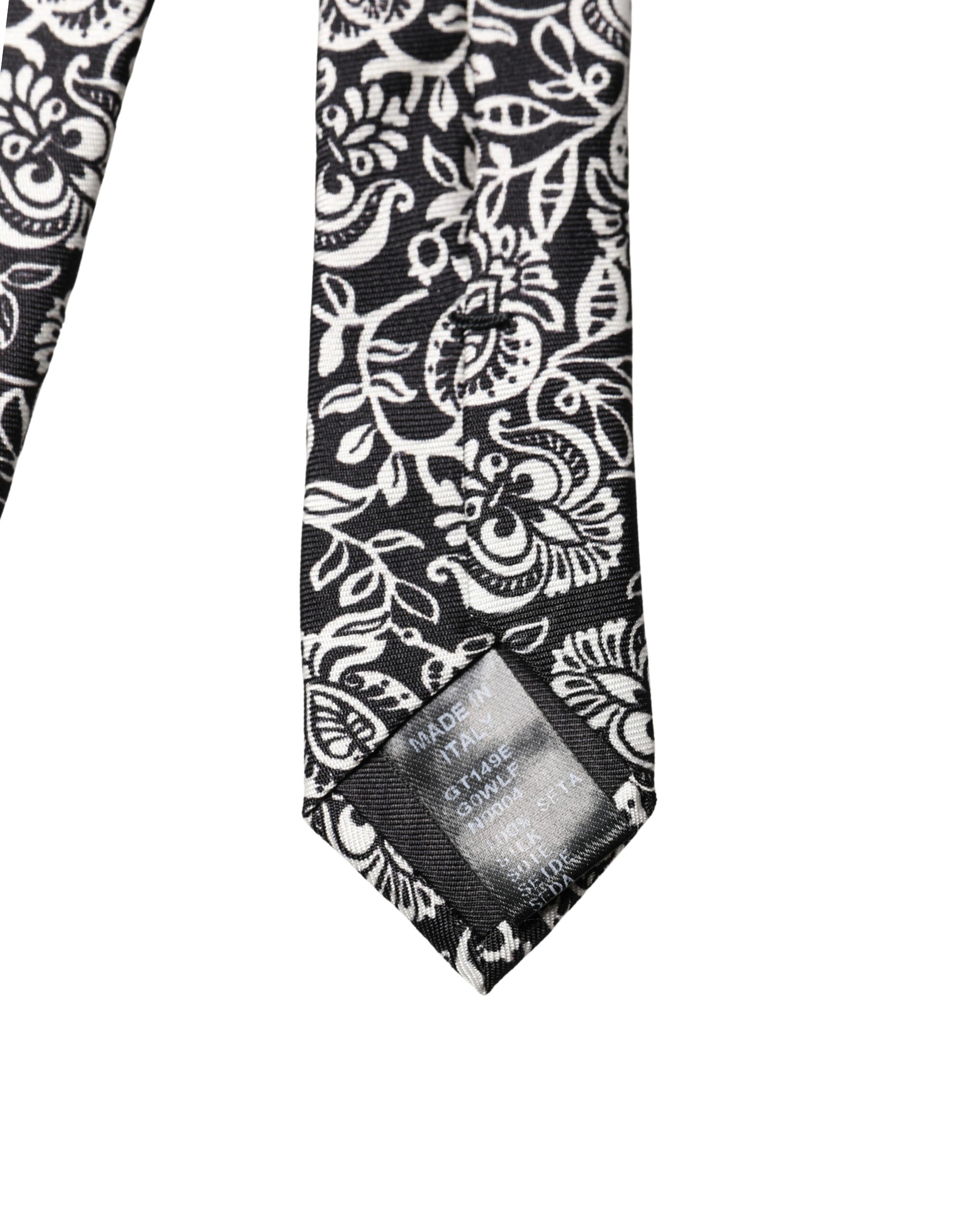 Dolce & Gabbana Black White Floral Fantasy Silk Tie Adjustable