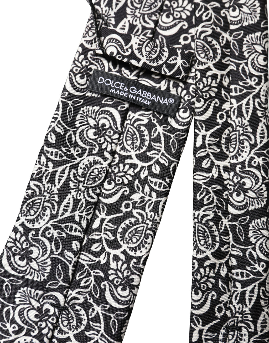 Dolce & Gabbana Black White Floral Fantasy Silk Tie Adjustable