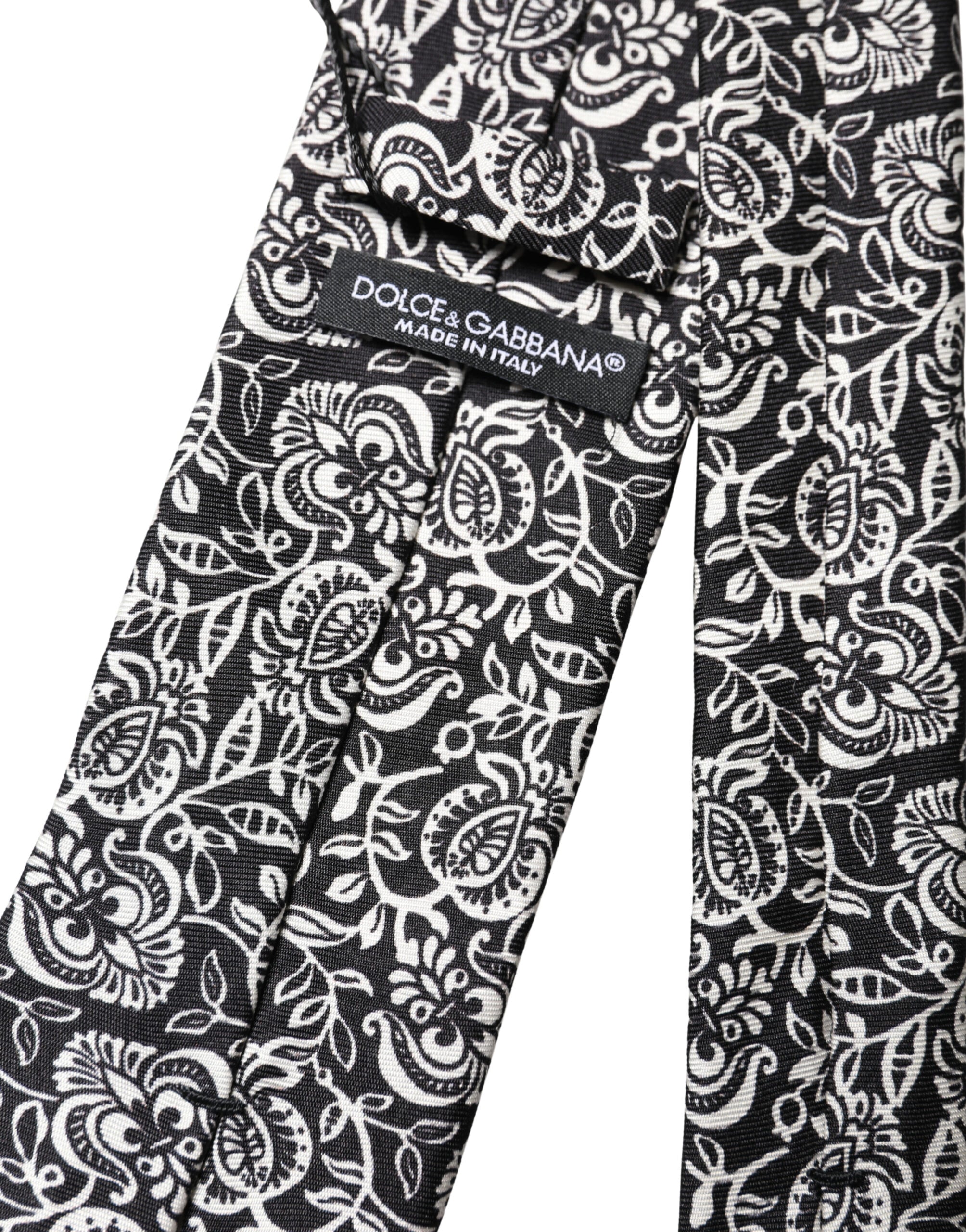 Dolce & Gabbana Black White Floral Fantasy Silk Tie Adjustable
