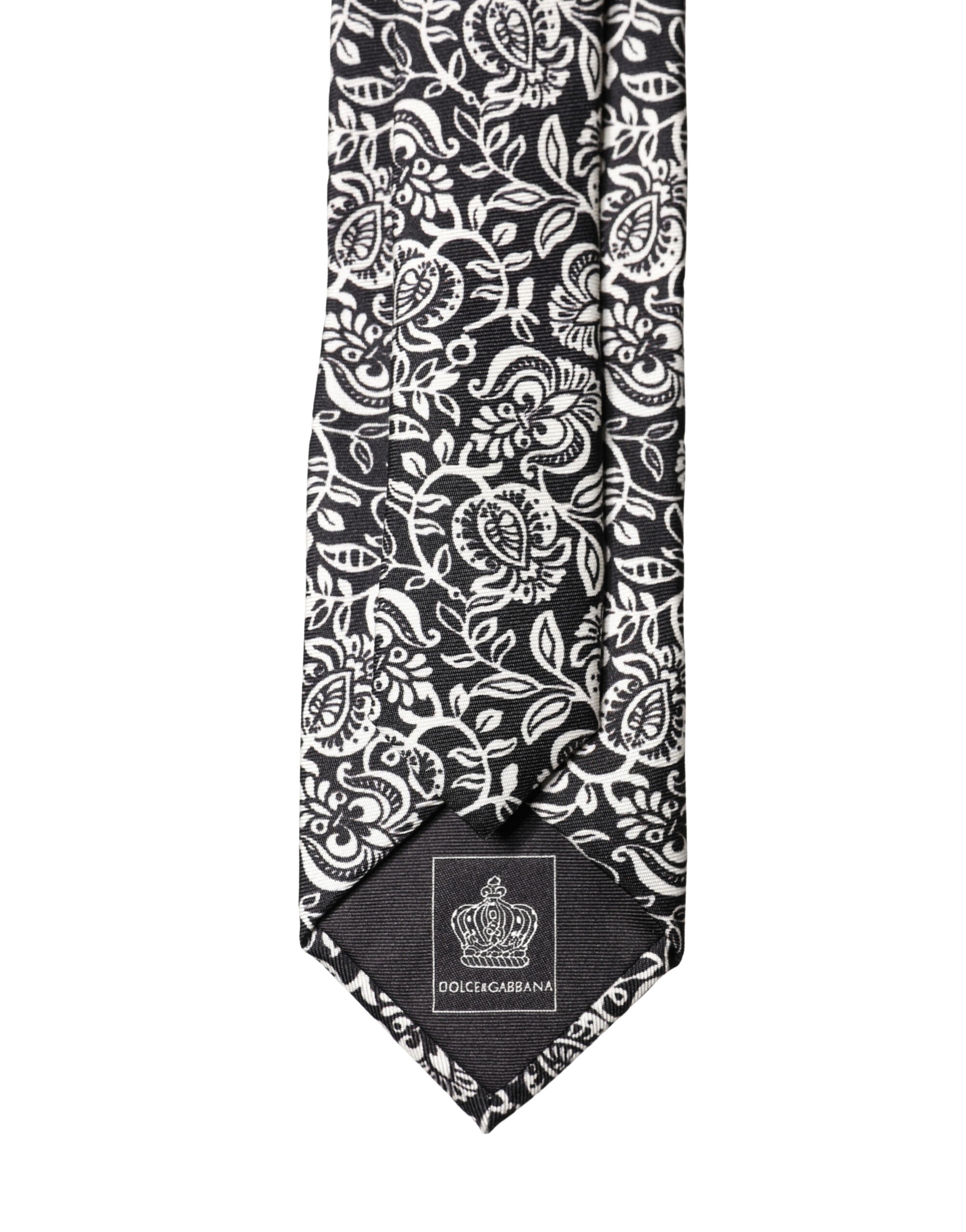 Dolce & Gabbana Black White Floral Fantasy Silk Tie Adjustable